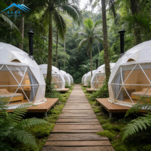 Classic white PVC geodesic dome tent setup for glamping resort