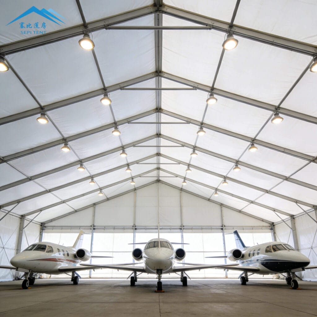 Finished aluminum aircraft hangar tent