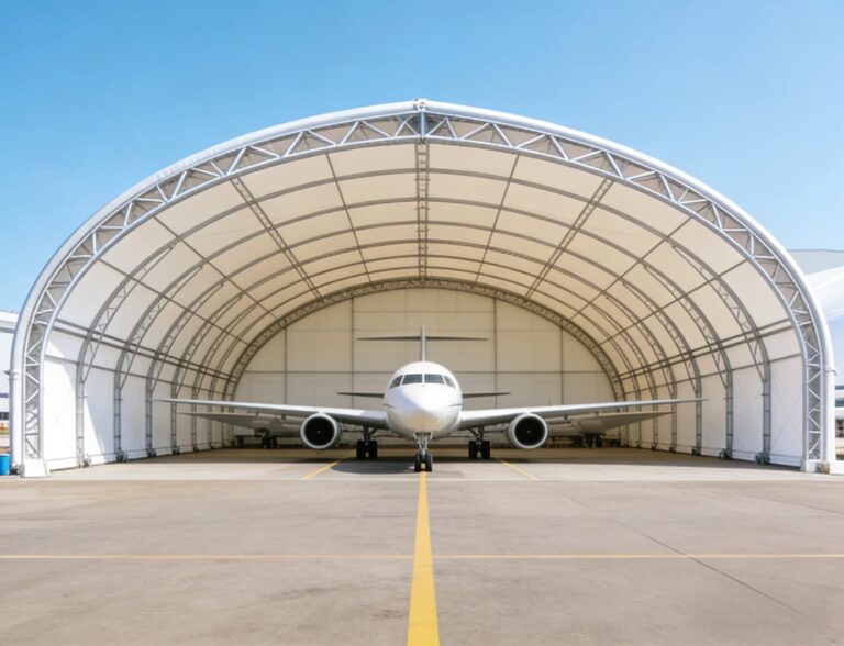 Large aluminum hangar tent structure used as a portable aircraft shelter for helicopters and private jets